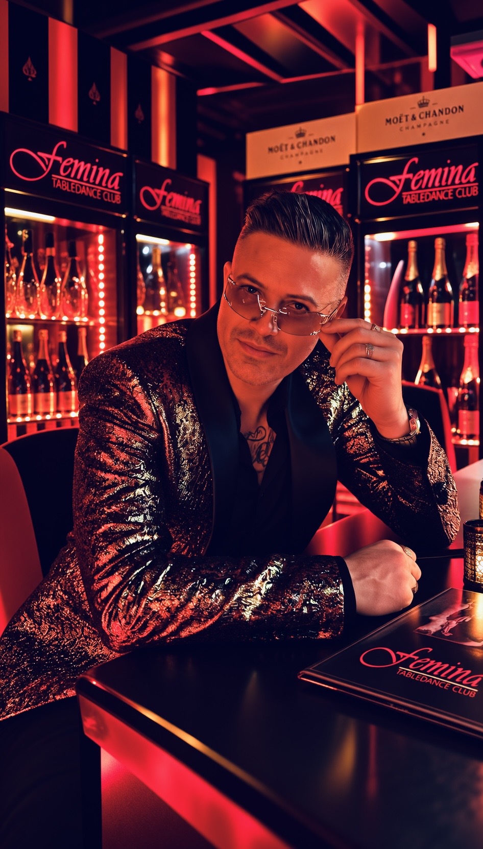 Gastgeber Christian Nitsch mit einer Femina-Tänzerin im Femina Club Palma